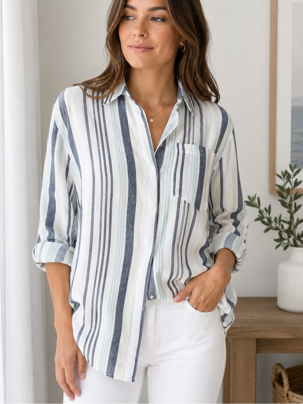 NWT Jones New York White and Blue Linen Blend Striped Button-Down Shirt Size M